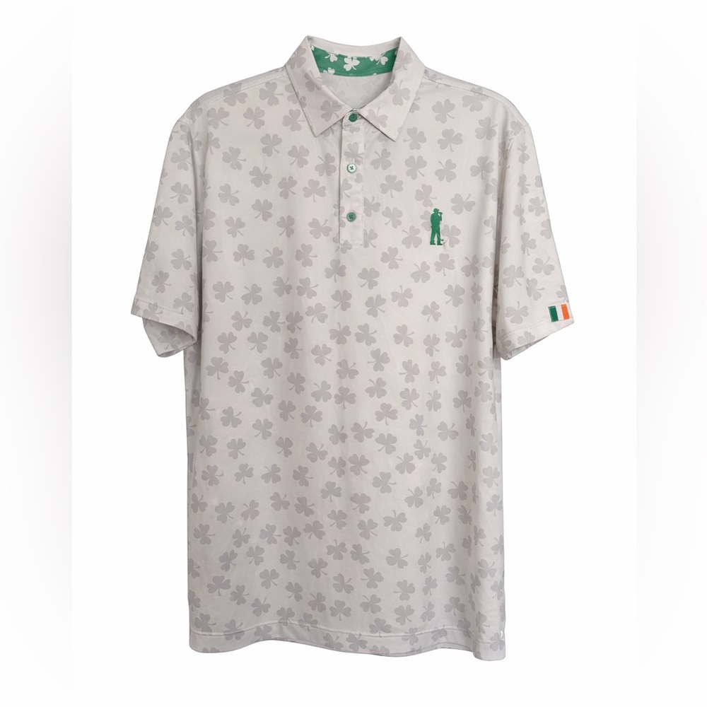 U Suck At Golf Men's Fighting Irish White/Gray Clover Print Polo Shirt UPF 50 XL